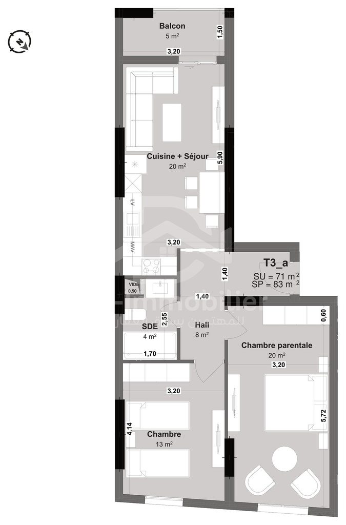 Plan coté de l'appartement F3 de 71 m² (type T3a) : pièces, cotes et surfaces