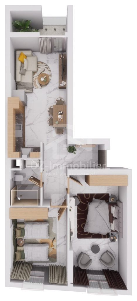Vue 3D meublée de l'appartement F3 de 71 m² (type T3a), vue de dessus