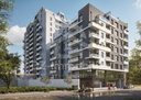 Rendu 3D de la résidence : façades et balcons végétalisés vus depuis la rue