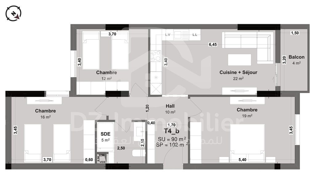 Plan coté de l'appartement F4 de 90 m² (type T4b) : pièces, cotes et surfaces