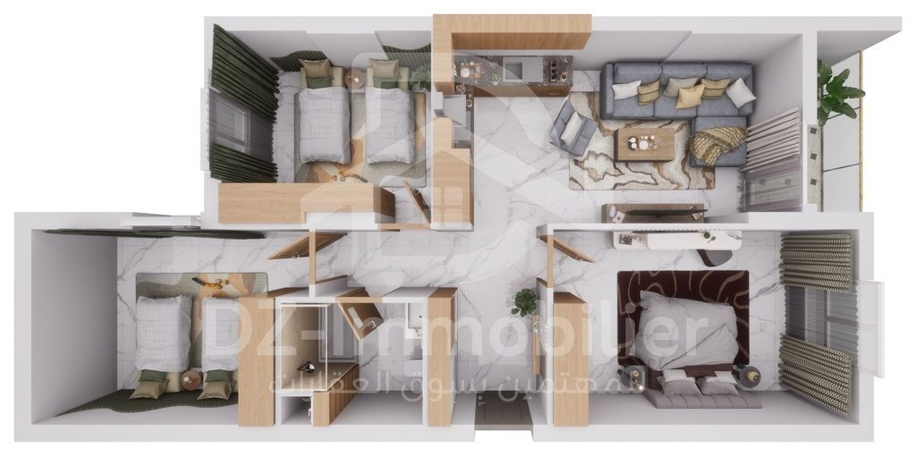 Vue 3D meublée de l'appartement F4 de 90 m² (type T4b), vue de dessus