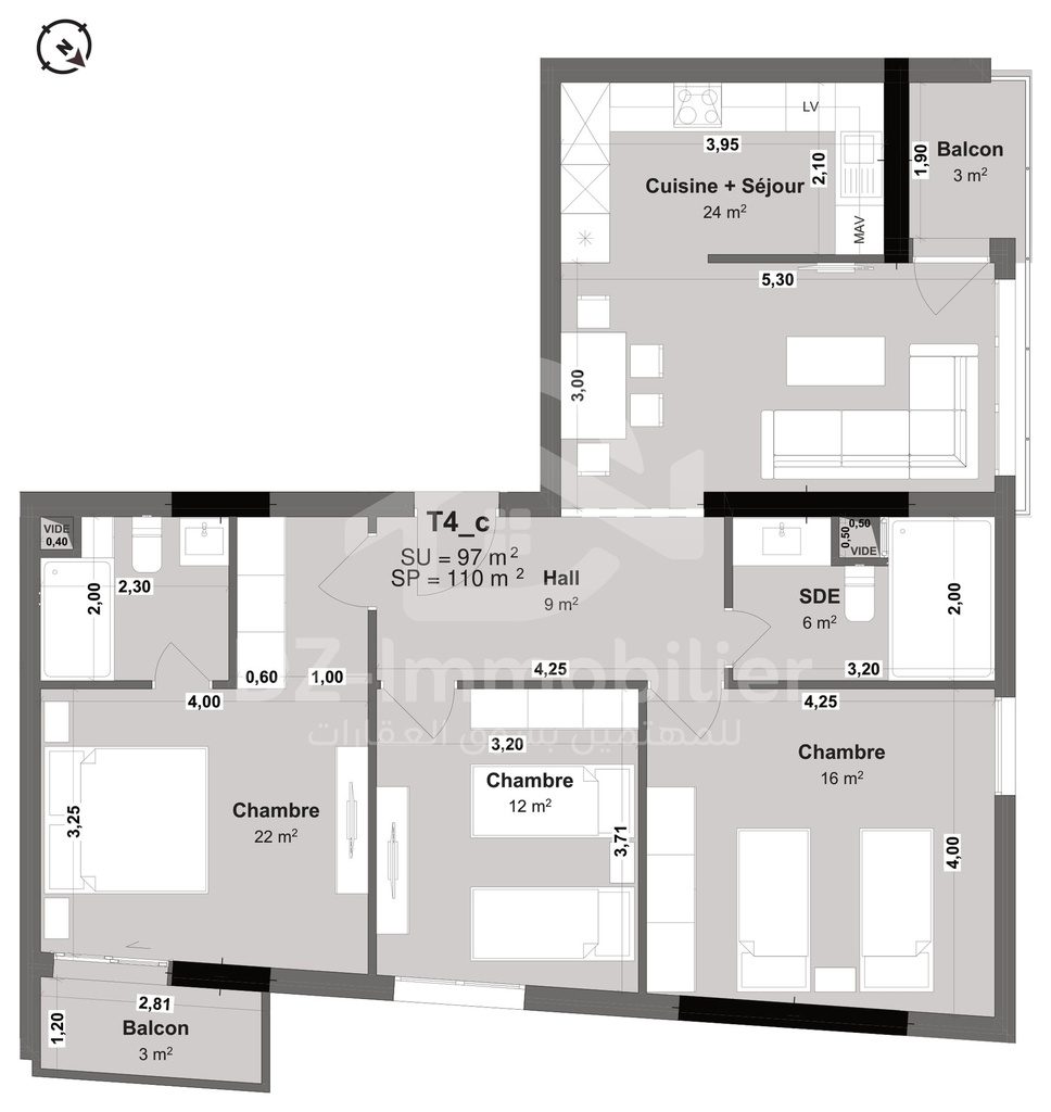 Plan coté de l'appartement F4 de 97 m² (type T4c) : pièces, cotes et surfaces