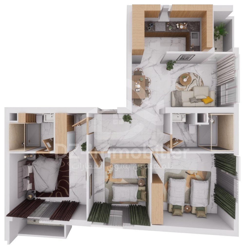 Vue 3D meublée de l'appartement F4 de 97 m² (type T4c), vue de dessus