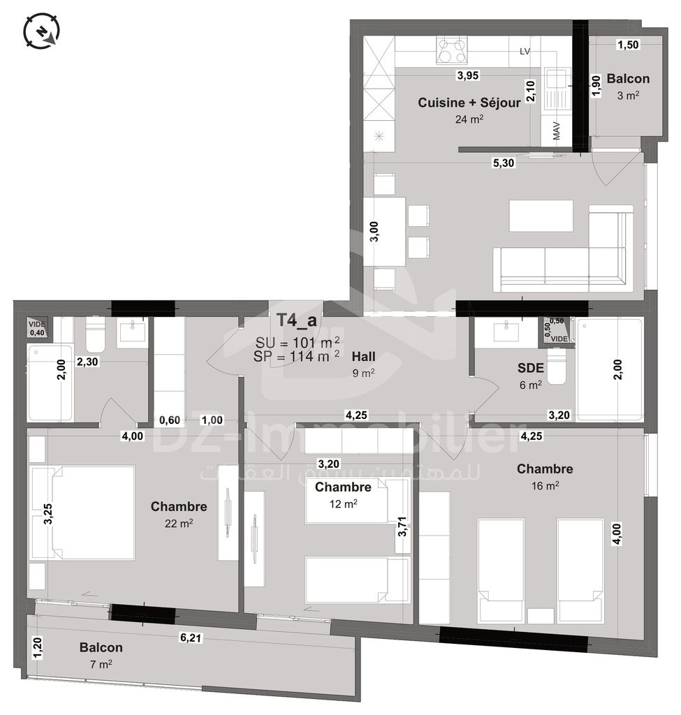 Plan coté de l'appartement F4 de 101 m² (type T4a) : pièces, cotes et surfaces