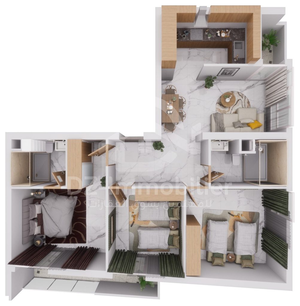 Vue 3D meublée de l'appartement F4 de 101 m² (type T4a), vue de dessus