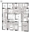 Plan du rez-de-chaussée du bloc B avec les appartements T4d+C et T4e+C