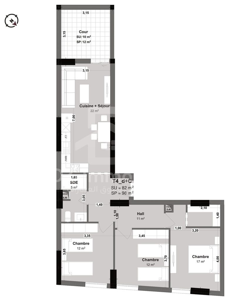 Plan coté de l'appartement F4 de 82 m² (type T4d+C) : pièces, cotes et surfaces