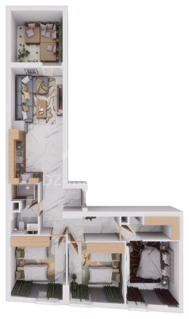 Vue 3D meublée de l'appartement F4 de 82 m² (type T4d+C), vue de dessus