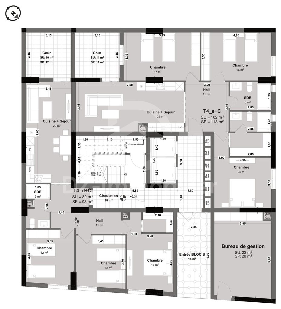 Plan du rez-de-chaussée du bloc B avec les appartements T4d+C et T4e+C