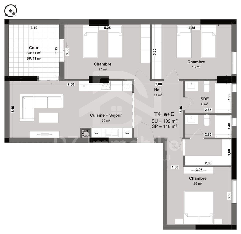 Plan coté de l'appartement F4 de 102 m² (type T4e+C) : pièces, cotes et surfaces