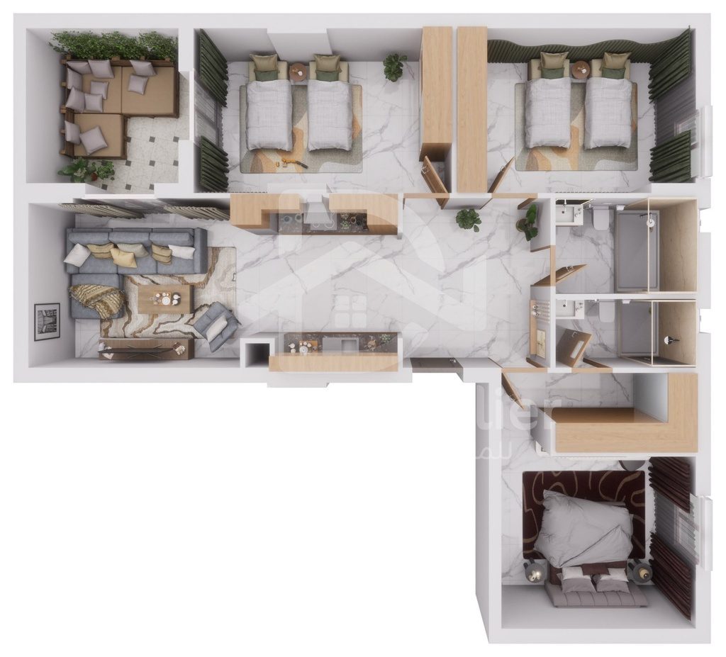 Vue 3D meublée de l'appartement F4 de 102 m² (type T4e+C), vue de dessus