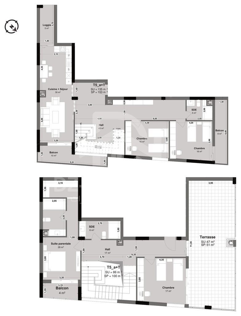 Plan coté du duplex F5 de 221 m² (type T5a+T) : les deux niveaux