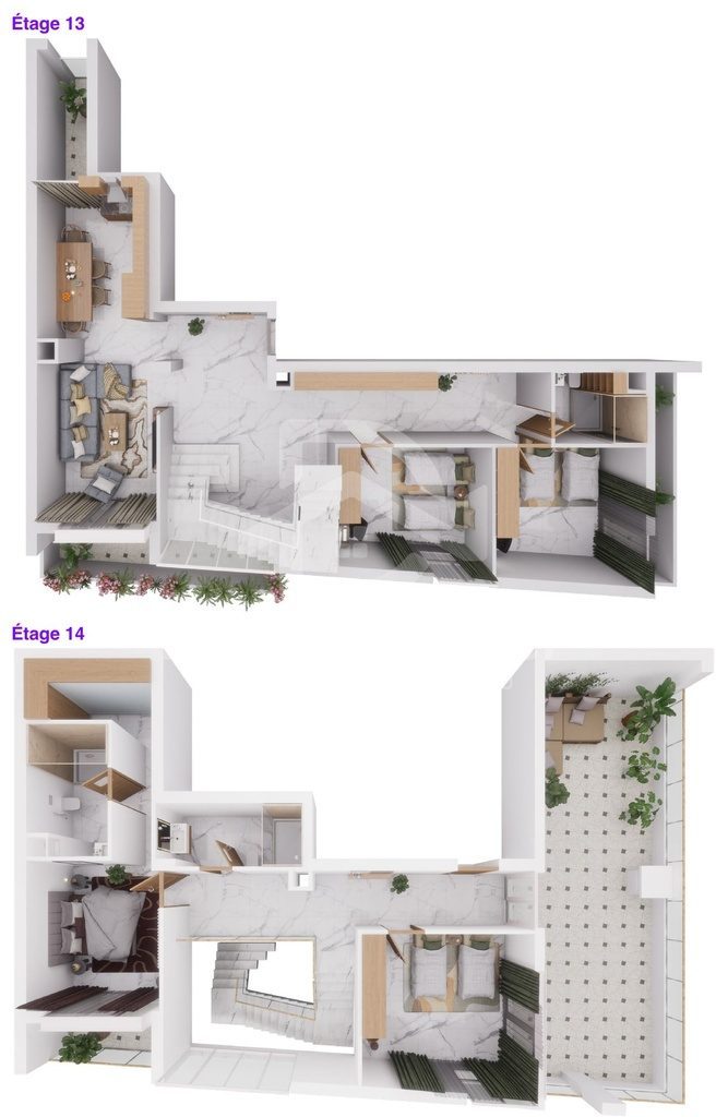 Vue 3D meublée du duplex F5 de 221 m² (type T5a+T), niveaux 13 et 14, vue de dessus