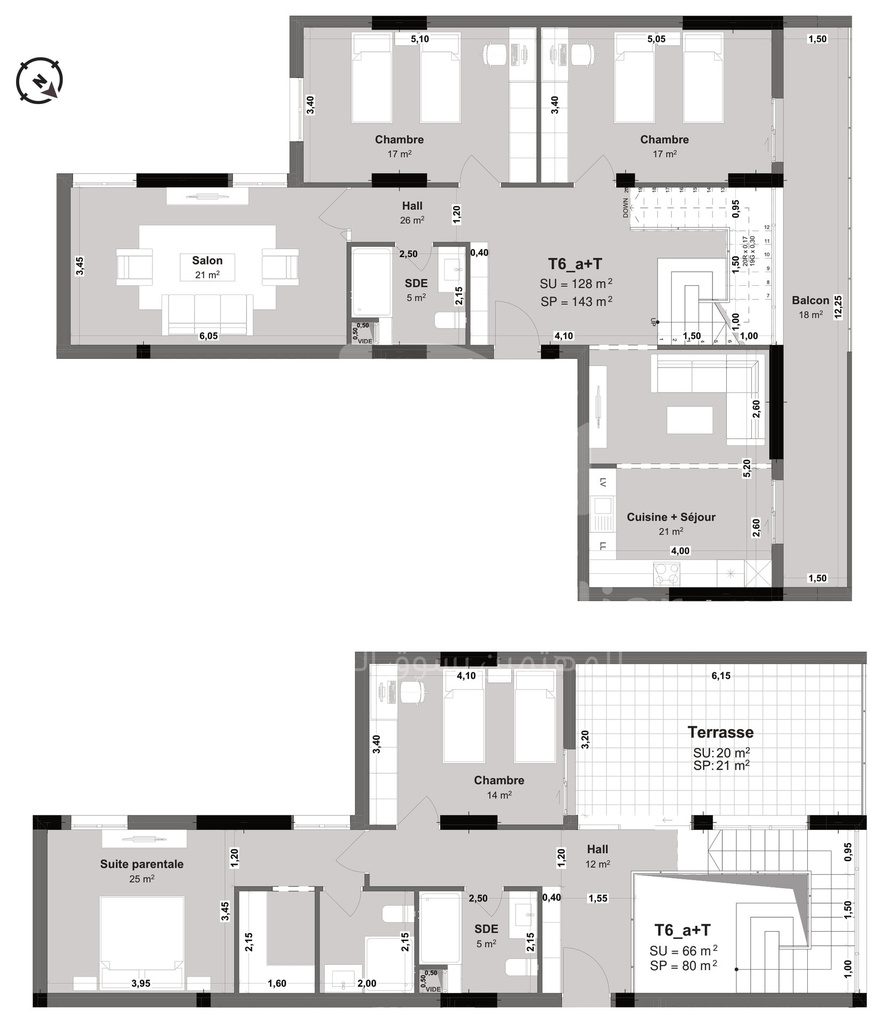 Plan coté du duplex F6 de 194 m² (type T6a+T) : les deux niveaux
